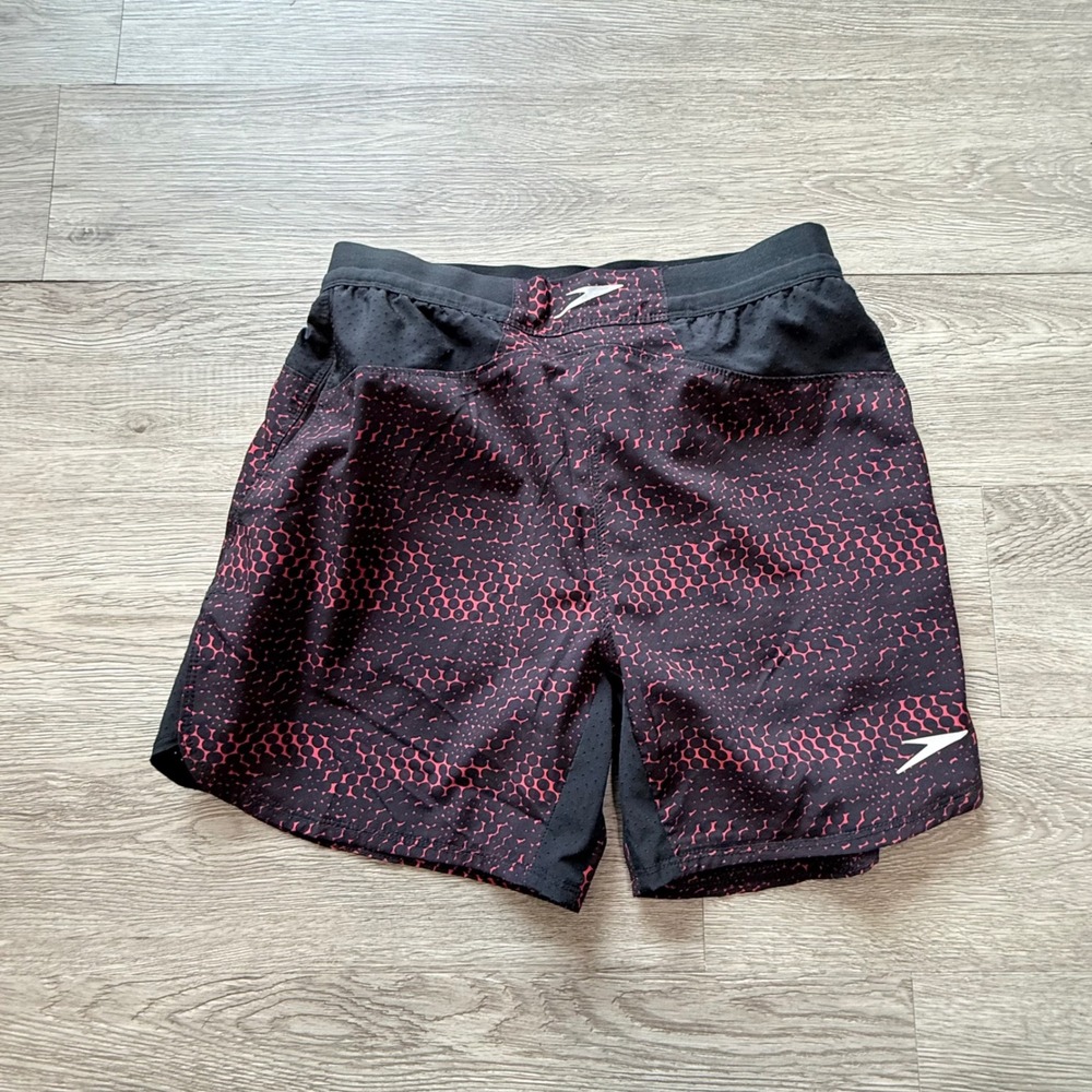 Speedo Mens Red Black Geometric Dot Print Swim Trunks Shorts Small 8-7784418600